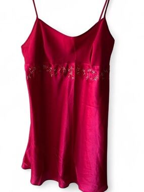 Women's Vintage Red Satin Slip Dress with Delicate Embroidery